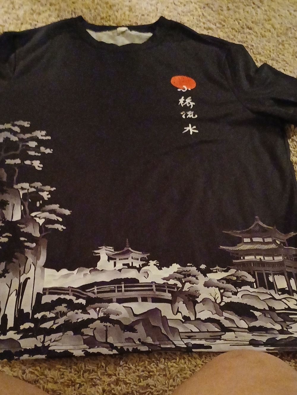 Black Graphic Asian Landscape Tee with Red Sun